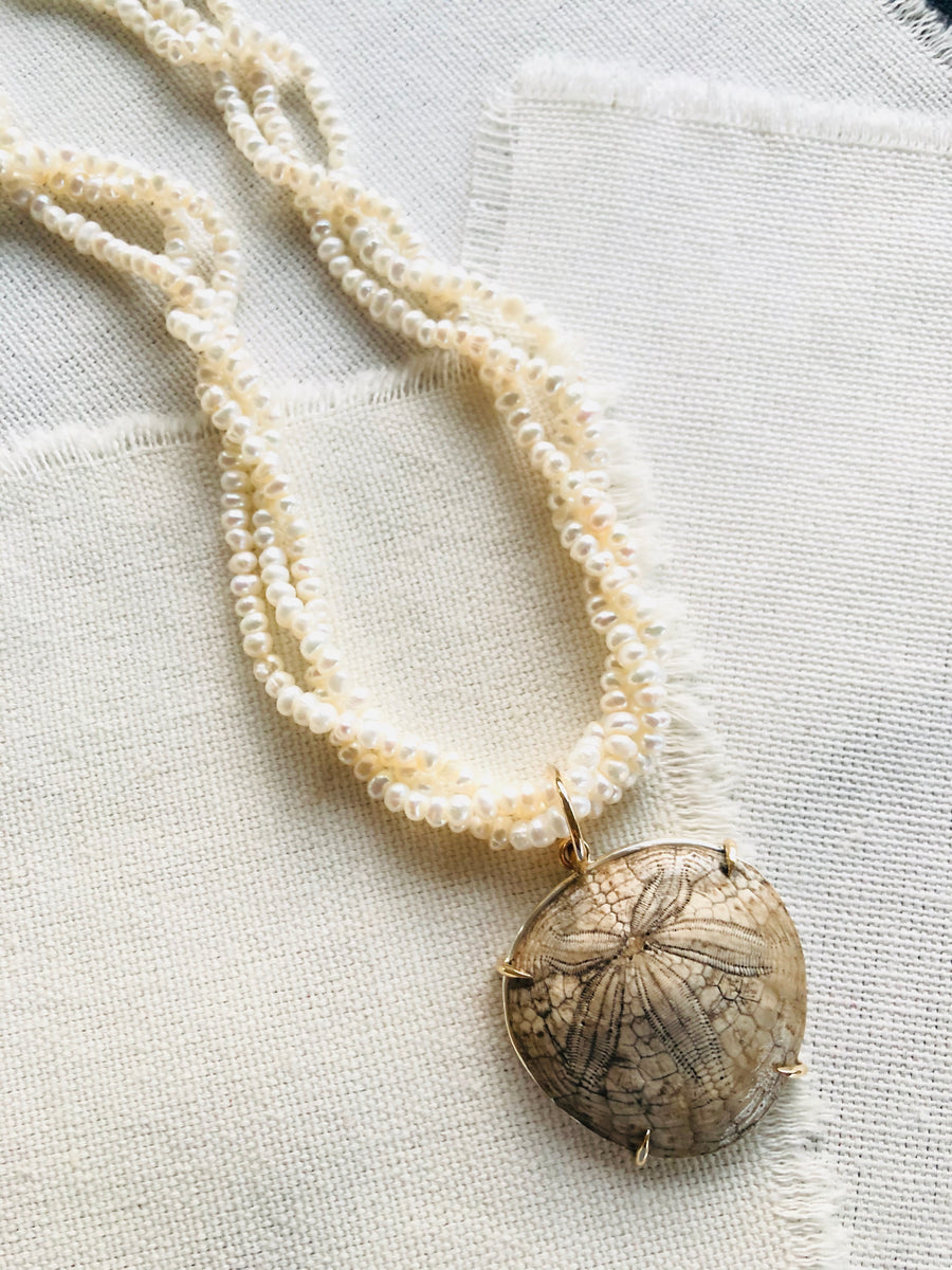 Fossil sand dollar, fossil necklace, larimar pendant, sand dollar necklace, macrame jewelry, macrame necklace, larimar necklace, beach top