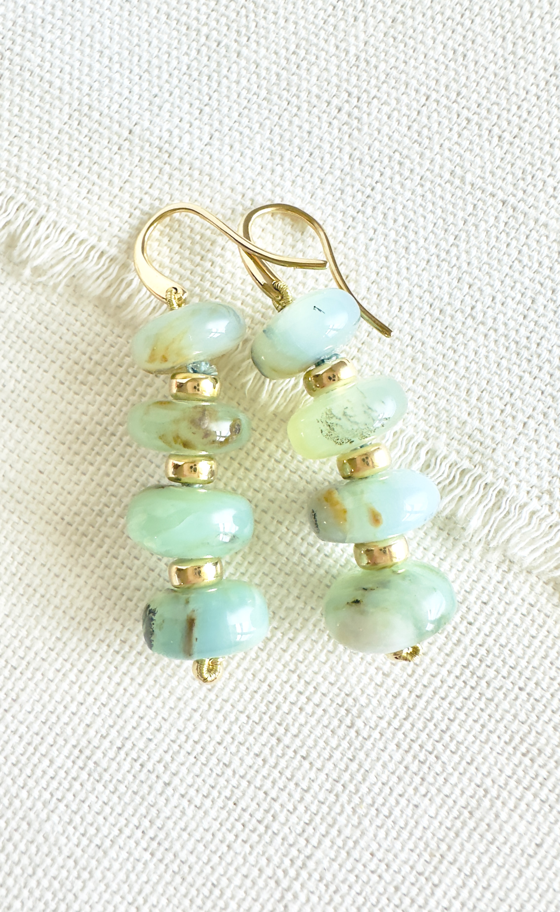 Yellow Gold Dangle Earrings with luscious Bluish Green Peruvian Opal Beads