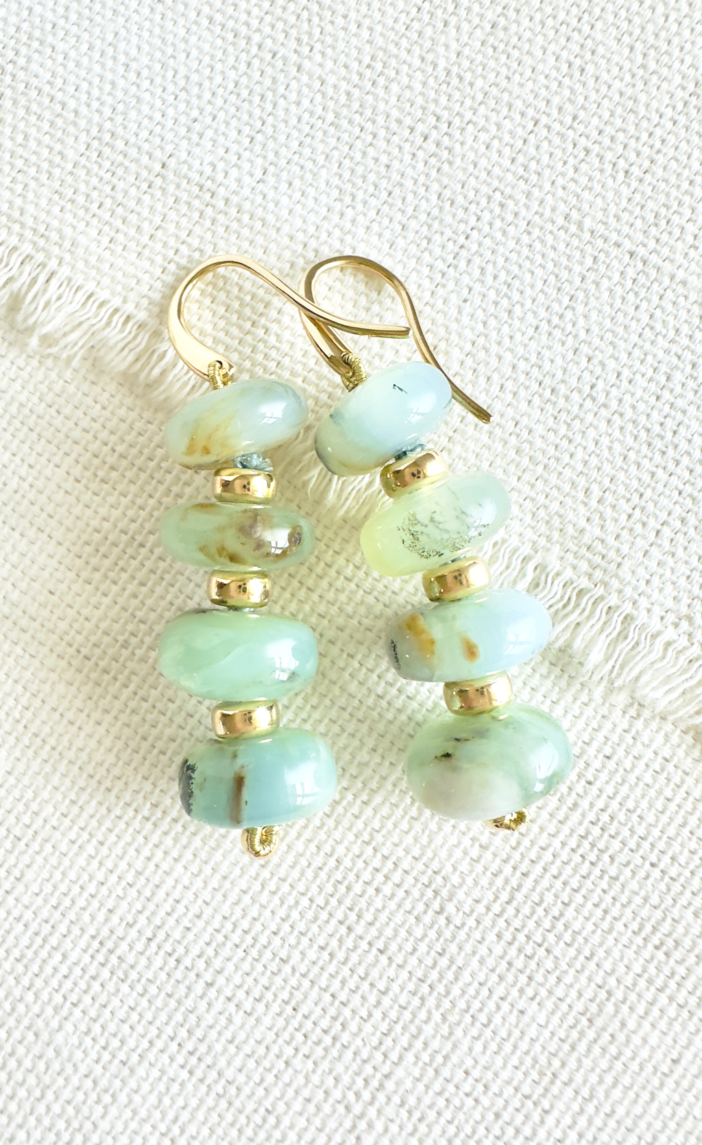 Yellow Gold Dangle Earrings with luscious Bluish Green Peruvian Opal Beads