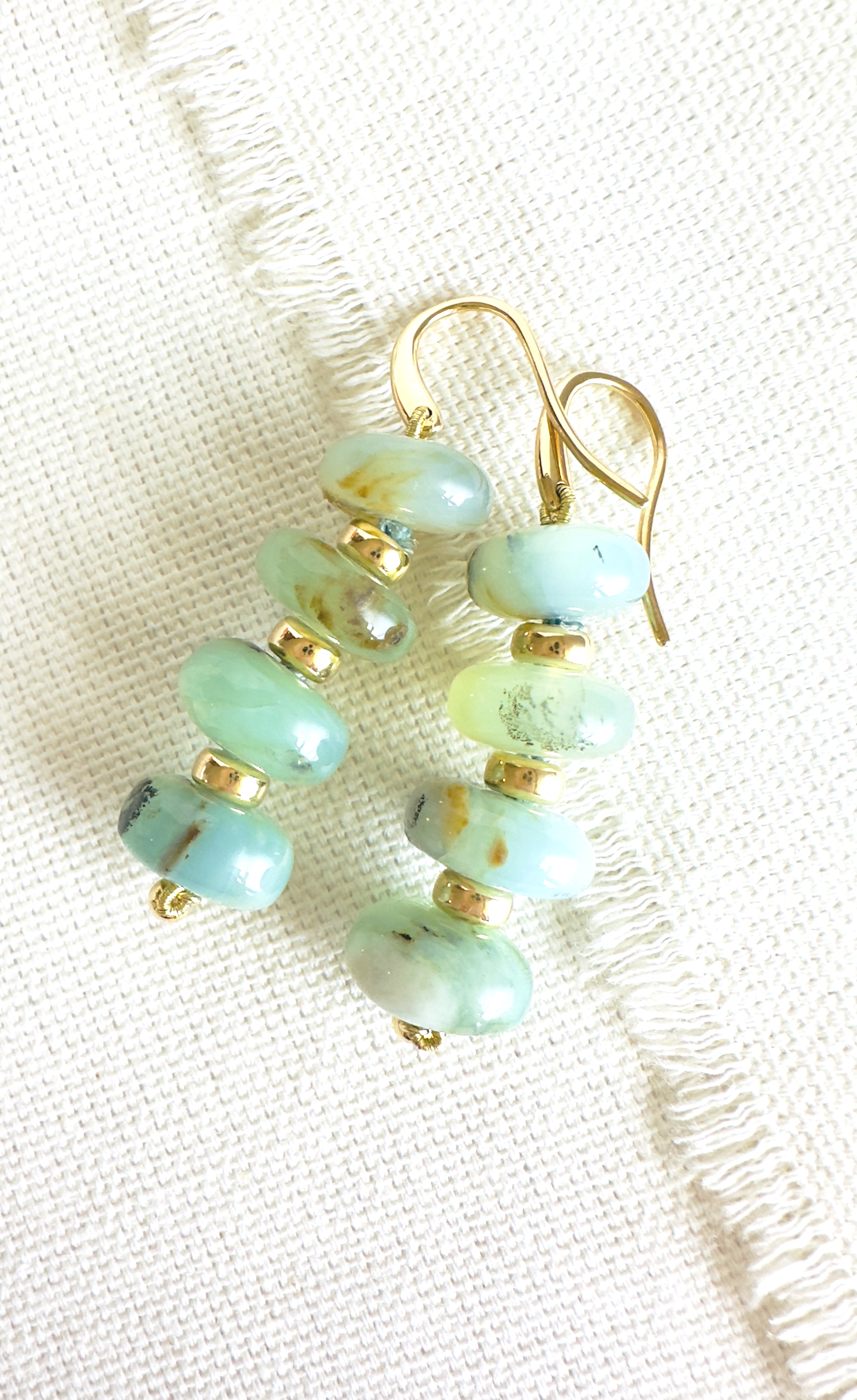 Yellow Gold Dangle Earrings with luscious Bluish Green Peruvian Opal Beads