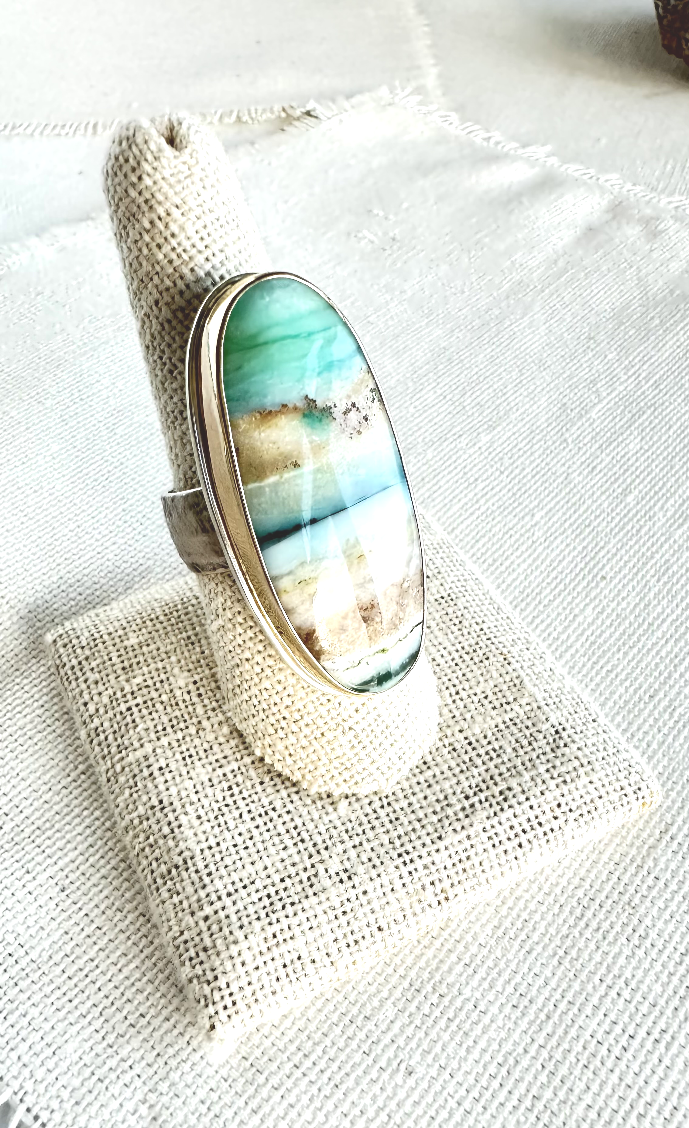 Silver and Yellow Gold Cocktail Ring with Bluish Green Agate