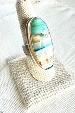 Silver and Yellow Gold Cocktail Ring with Bluish Green Agate