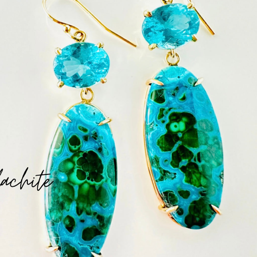 Elegant Blue and Green Malachite & Chrysocolla Earrings paired with Apatite & Set in 14kt GOLD