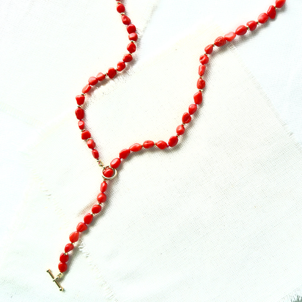 Vibrant Red Mediterranean Coral with 14 karat Gold Beads & Toggle Gold Clasp Necklace