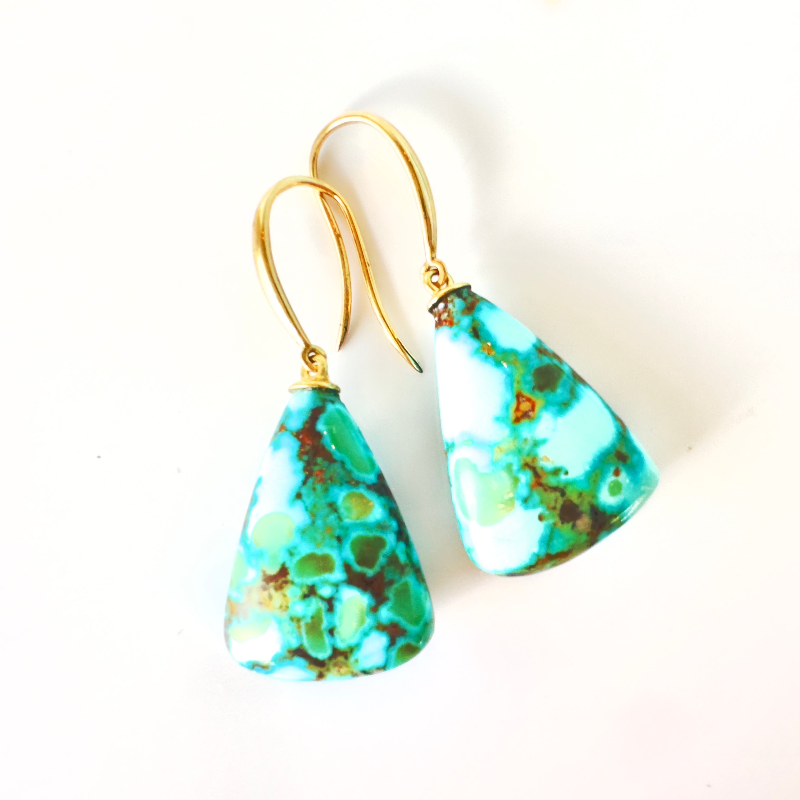 Yellow Gold Dangle Earrings with Bluish Green Turquoise Cabochons