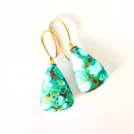 Yellow Gold Dangle Earrings with Bluish Green Turquoise Cabochons