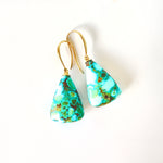 Yellow Gold Dangle Earrings with Bluish Green Turquoise Cabochons