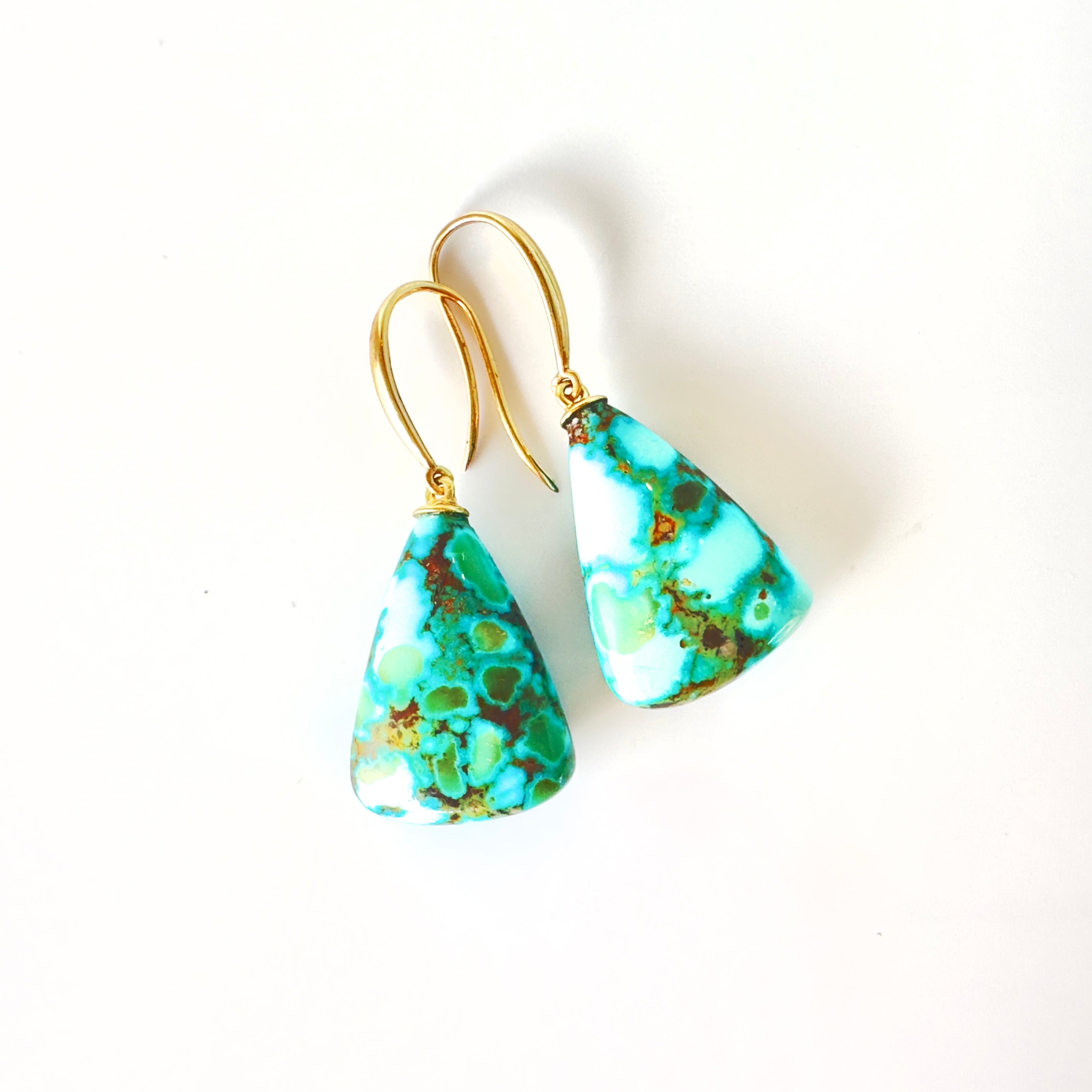 Yellow Gold Dangle Earrings with Bluish Green Turquoise Cabochons