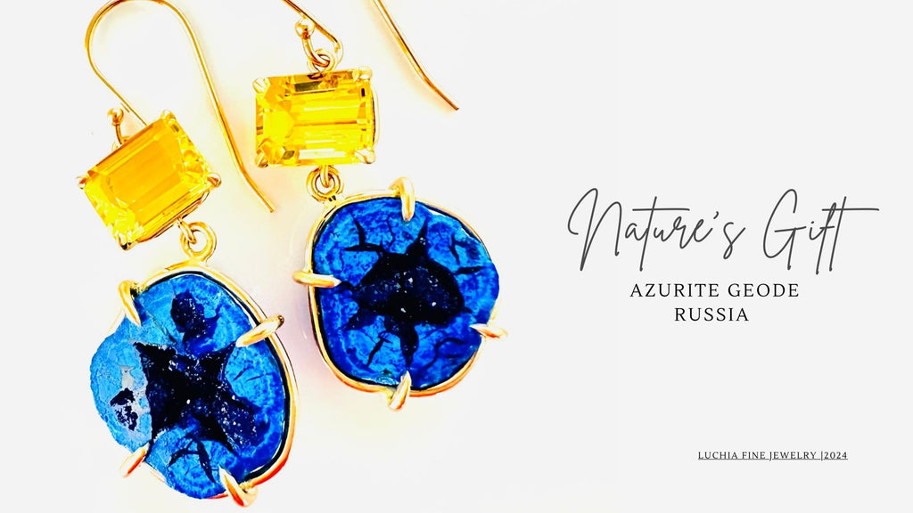 Azurite Geode & Golden Beryl Earrings 14kt Gold