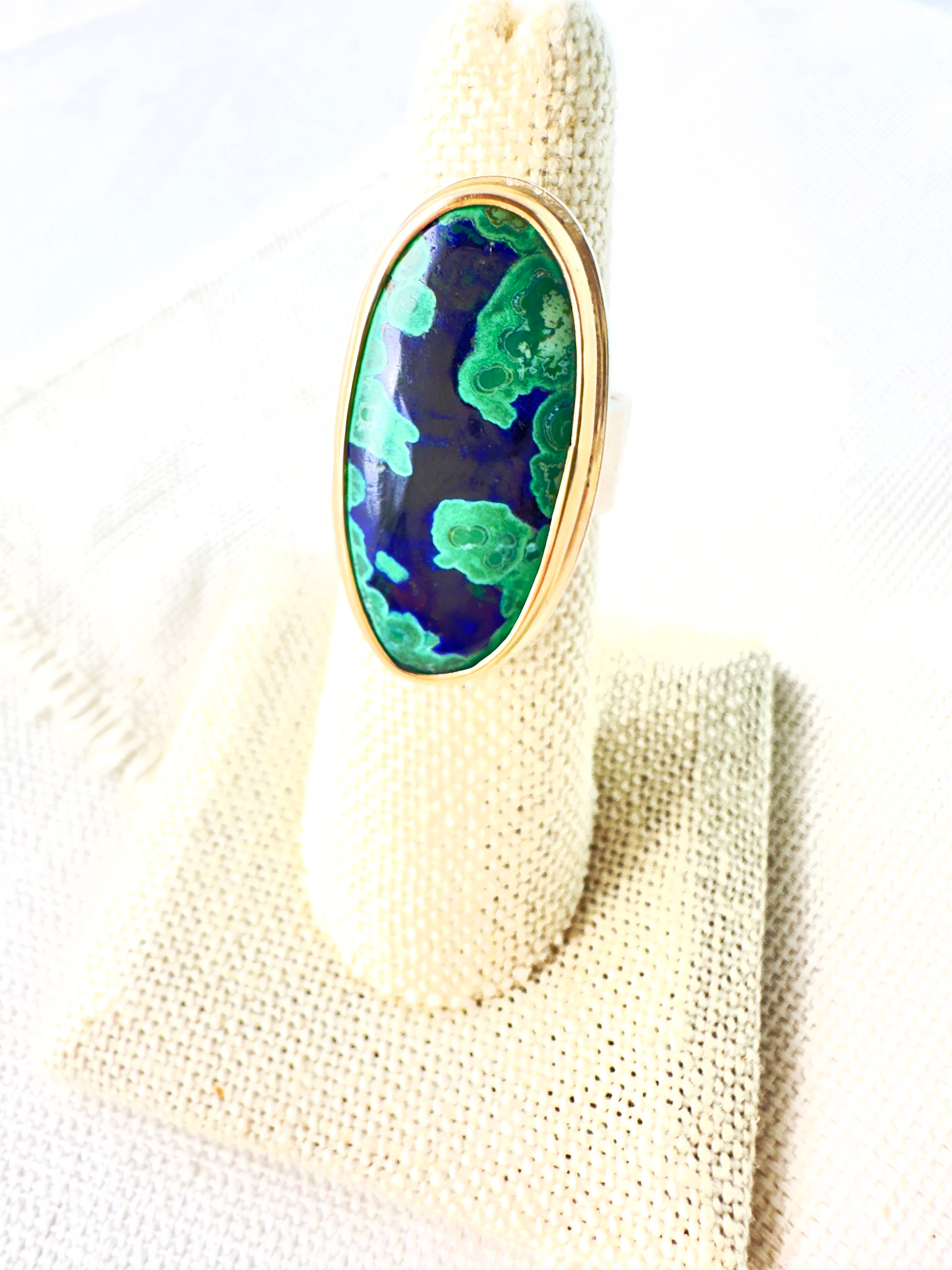 Azurite & Malachite Ring, 14kt Gold Bezel & Sterling Silver