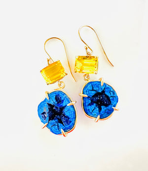 Azurite Geode & Golden Beryl Earrings 14kt Gold