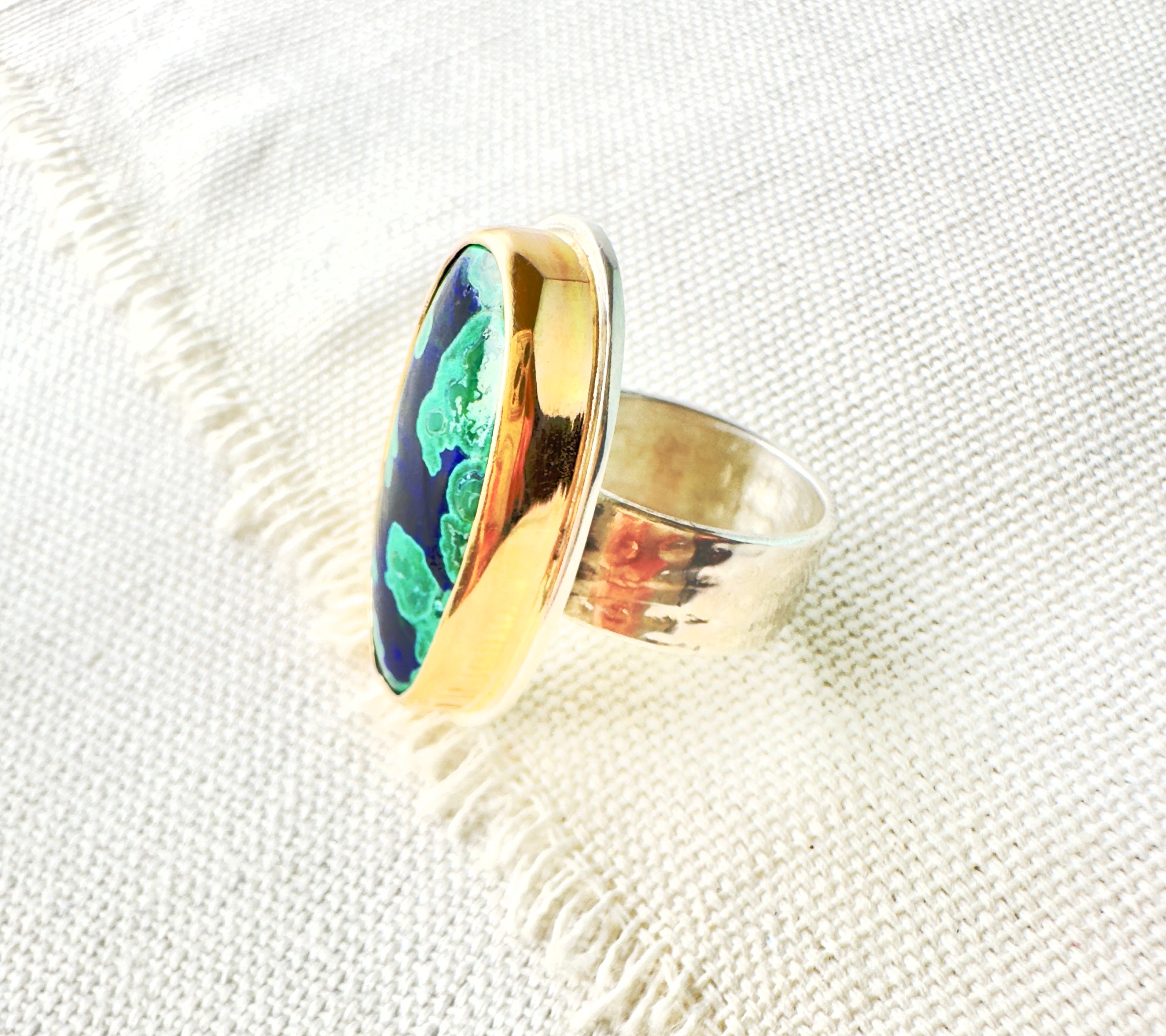 Azurite & Malachite Ring, 14kt Gold Bezel & Sterling Silver