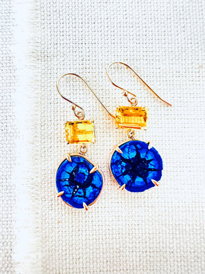 Stunning Blue Azurite Geode and Golden Beryl Earrings in 14kt Gold
