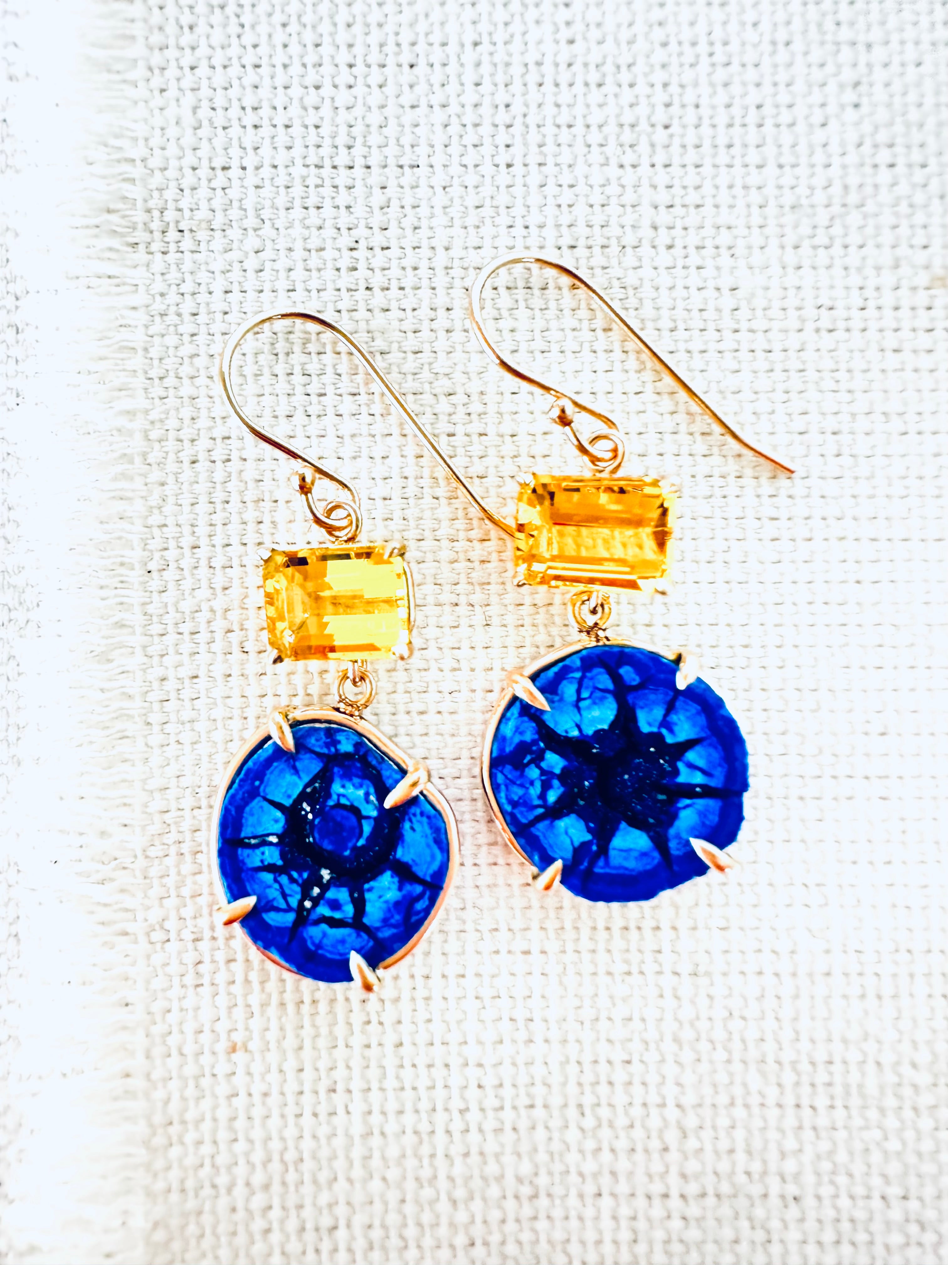 Stunning Blue Azurite Geode and Golden Beryl Earrings in 14kt Gold
