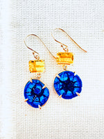Stunning Blue Azurite Geode and Golden Beryl Earrings in 14kt Gold
