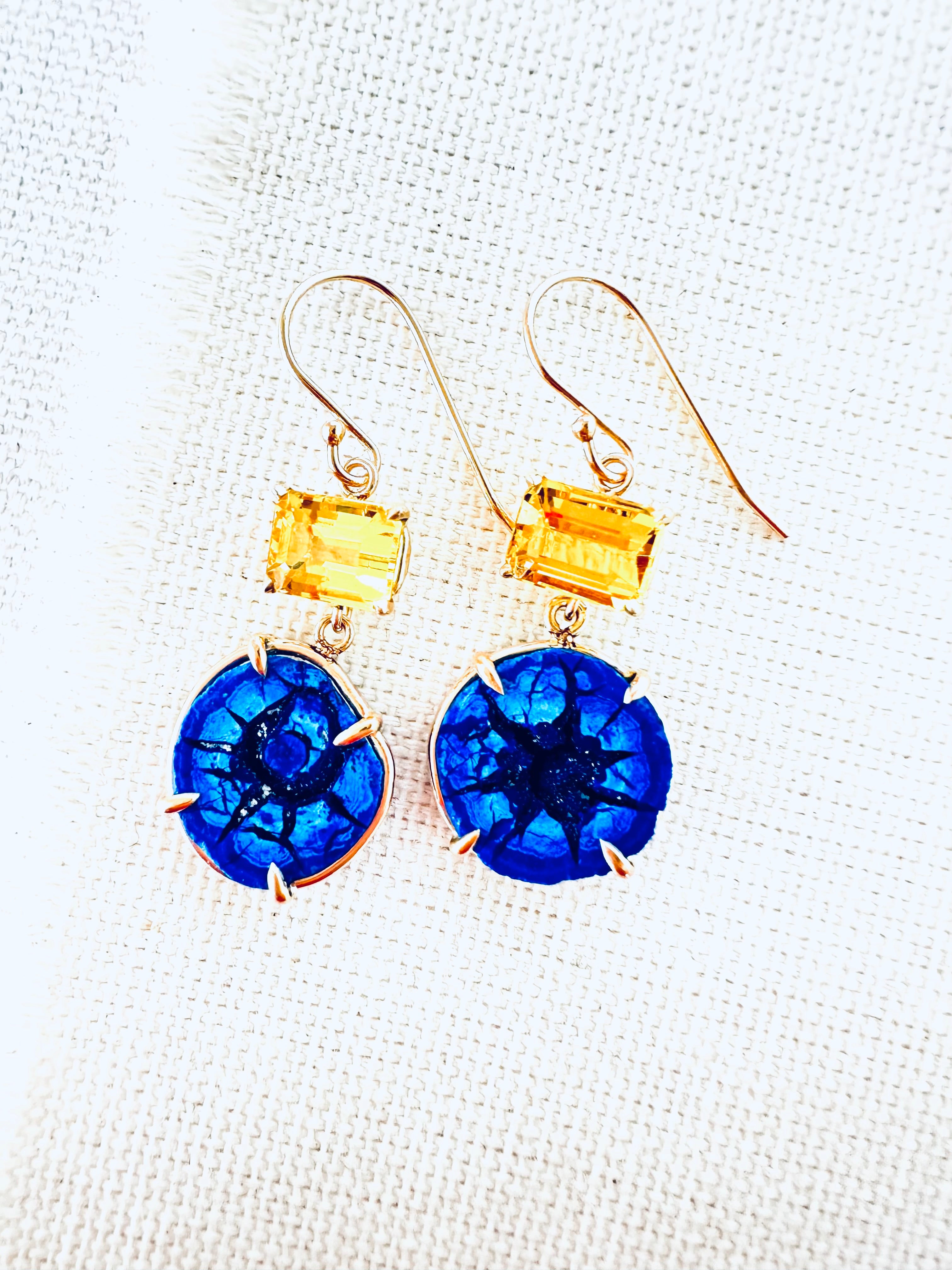 Stunning Blue Azurite Geode and Golden Beryl Earrings in 14kt Gold