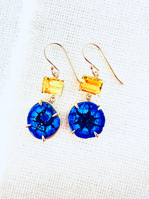 Stunning Blue Azurite Geode and Golden Beryl Earrings in 14kt Gold