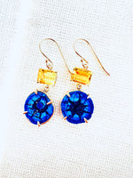 Stunning Blue Azurite Geode and Golden Beryl Earrings in 14kt Gold