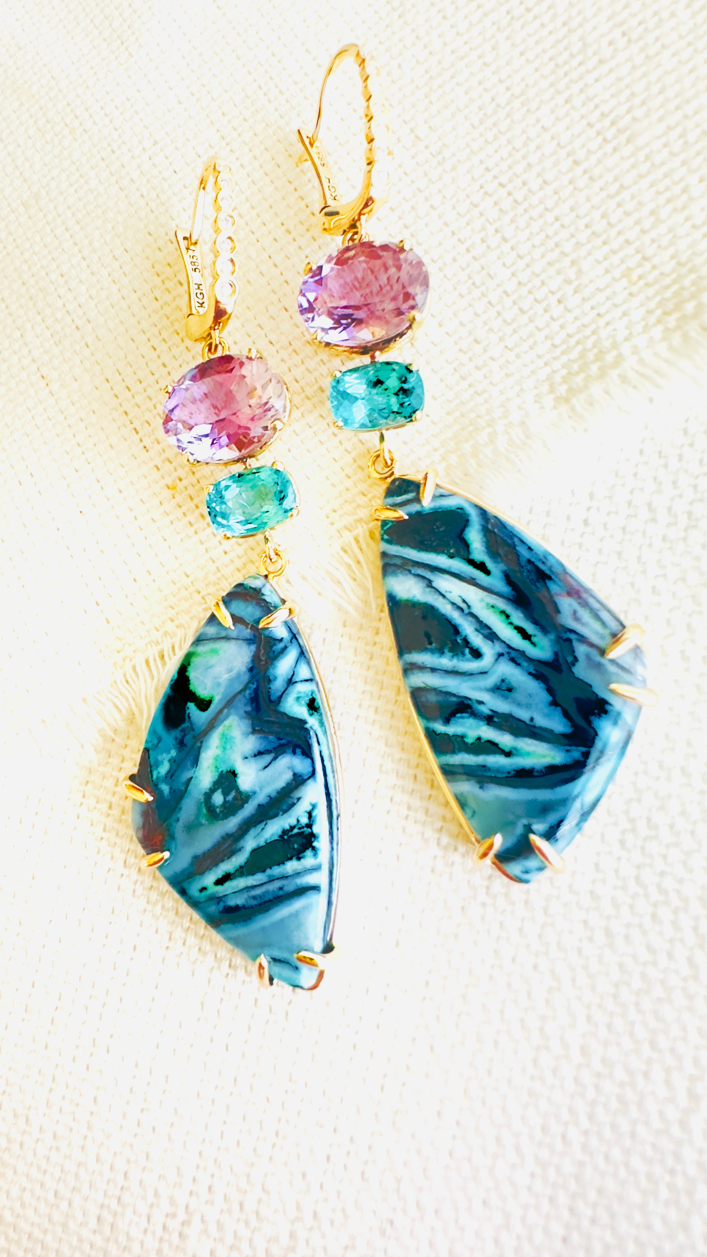 Indonesian Fossilized Opalized Wood with Amethyst and Apatite Earrings Set in Yellow 14kt Gold