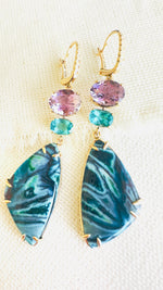 Luxury Indonesian fossilized opalized wood earrings set in gold with diamonds for the chic woman who is looking for a unique resort style