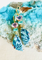 Luxury Indonesian fossilized opalized wood earrings set in gold with diamonds for the chic woman who is looking for a unique resort style
