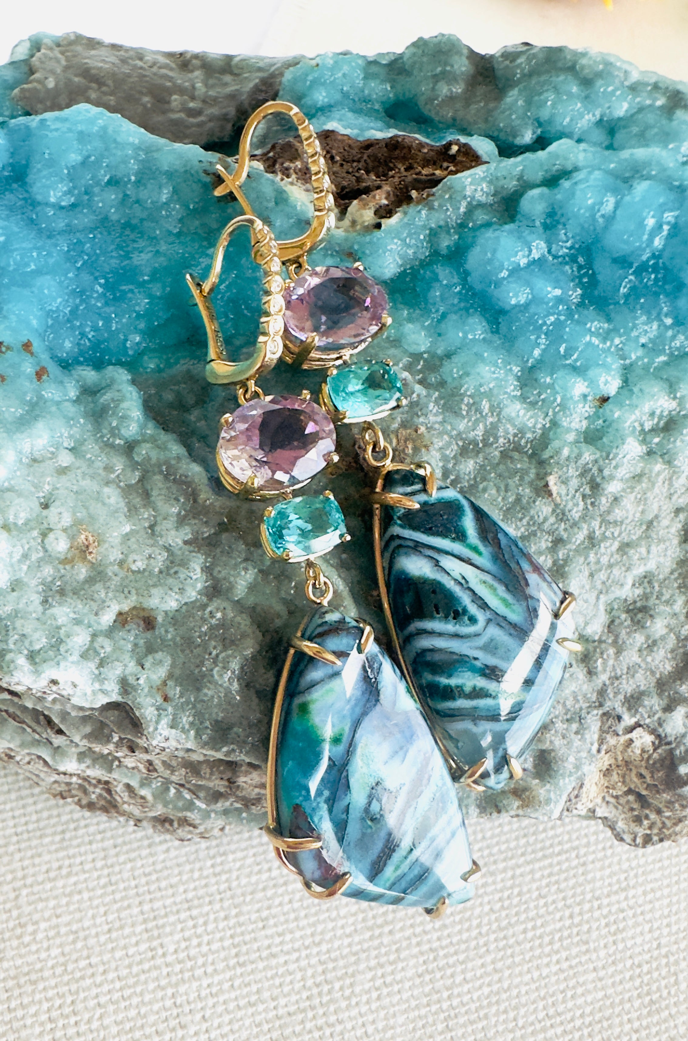 Indonesian Fossilized Opalized Wood with Amethyst and Apatite Earrings Set in Yellow 14kt Gold