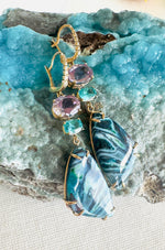 Indonesian Fossilized Opalized Wood with Amethyst and Apatite Earrings Set in Yellow 14kt Gold