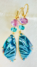 Luxury Indonesian fossilized opalized wood earrings set in gold with diamonds for the chic woman who is looking for a unique resort style