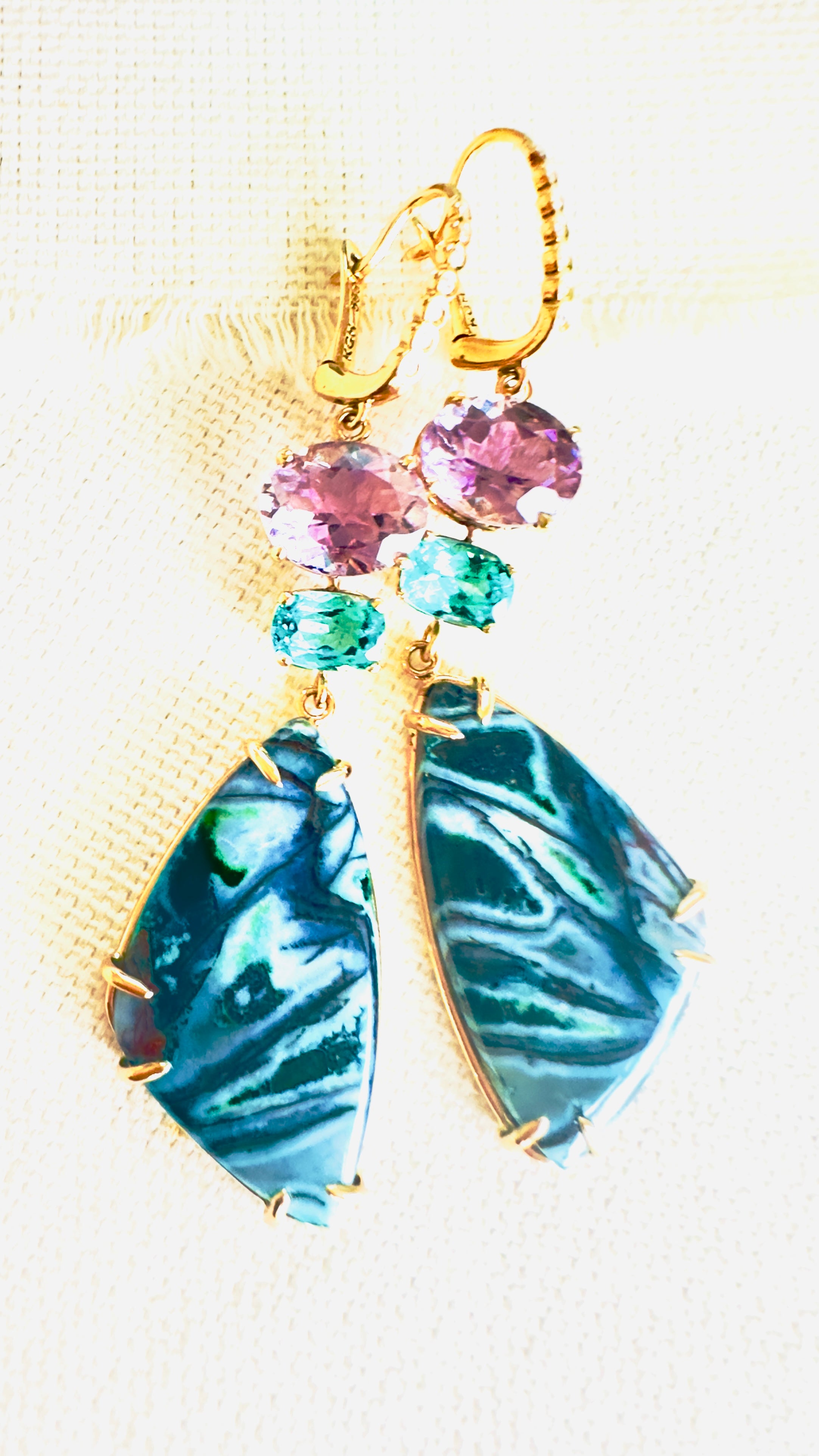 Luxury Indonesian fossilized opalized wood earrings set in gold with diamonds for the chic woman who is looking for a unique resort style