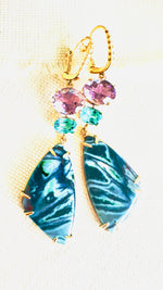 Luxury Indonesian fossilized opalized wood earrings set in gold with diamonds for the chic woman who is looking for a unique resort style