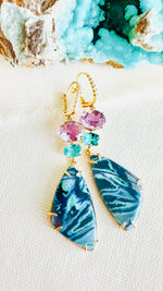 Luxury Indonesian fossilized opalized wood earrings set in gold with diamonds for the chic woman who is looking for a unique resort style