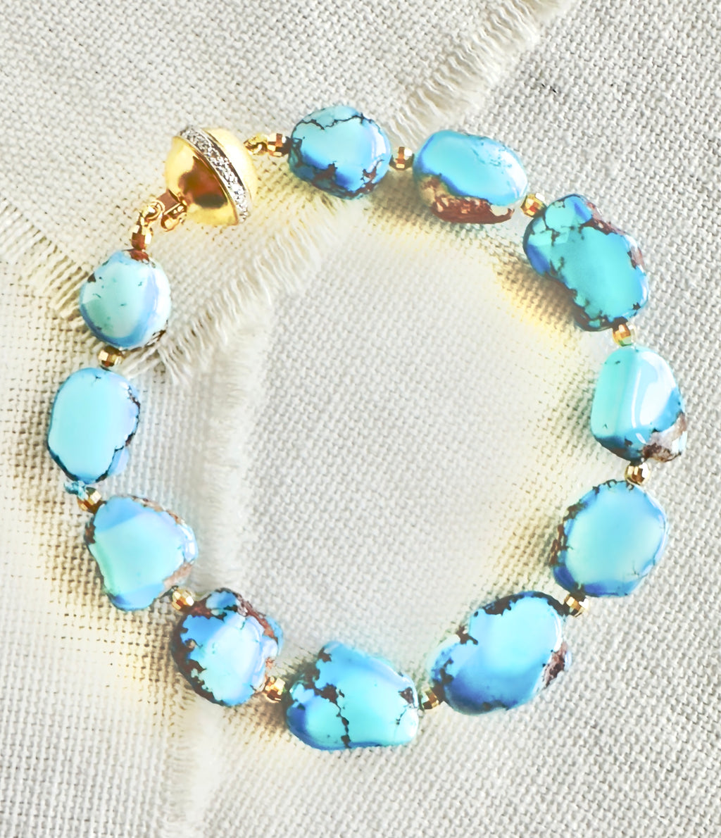 Kazakhstan Turquoise & Yellow Gold Beaded Bracelet with Diamond Set Clasp and Diamond Cut 14kt Gold Beads
