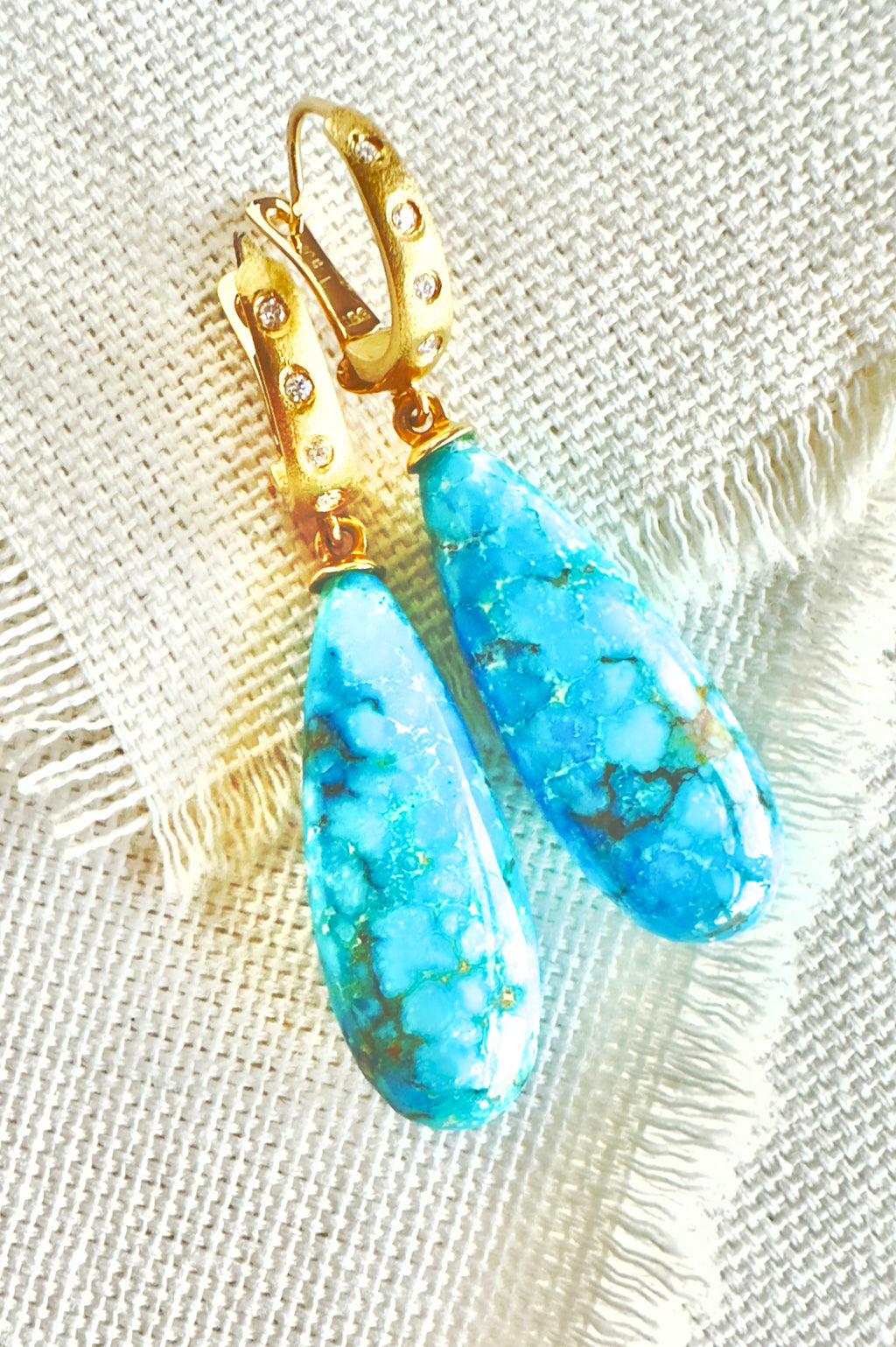 Yellow Gold Dangle Earrings with Pear Shaped Turquoise Cabochons