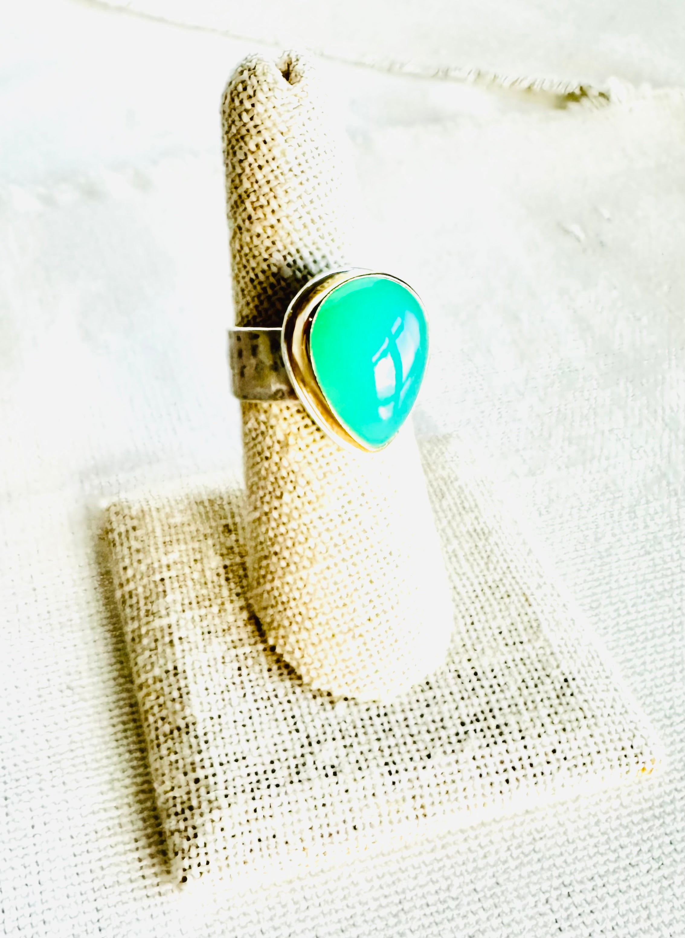Timeless Pear Shaped Chrysoprase Ring set in 14kt Gold and sterling silver