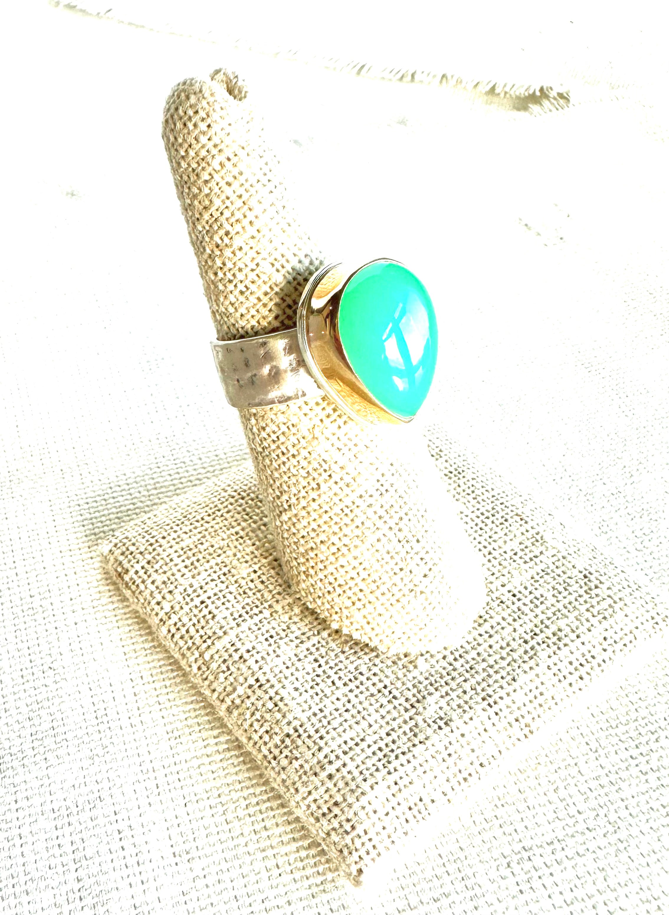 Timeless Pear Shaped Chrysoprase Ring set in 14kt Gold and sterling silver
