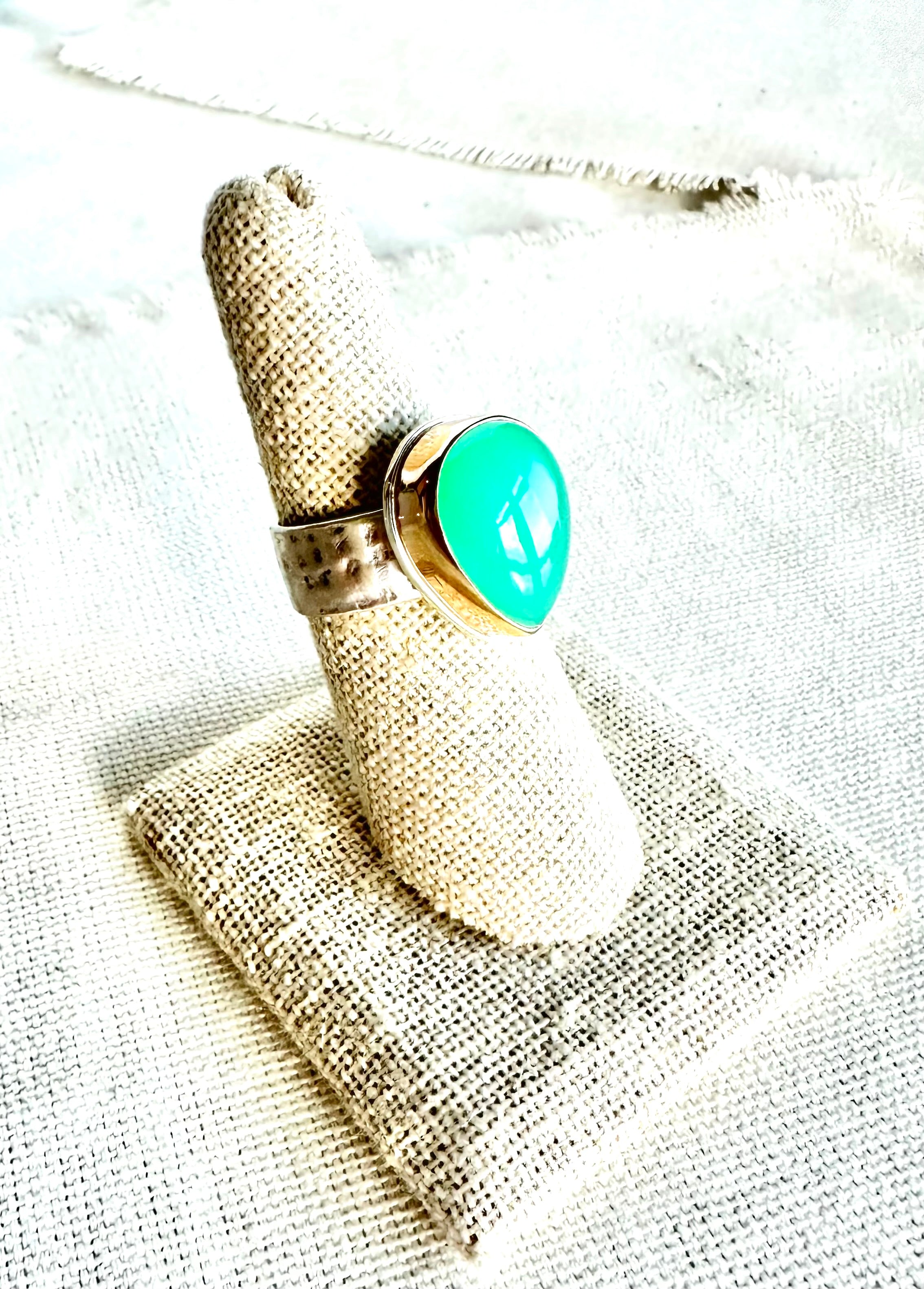 Timeless Pear Shaped Chrysoprase Ring set in 14kt Gold and sterling silver