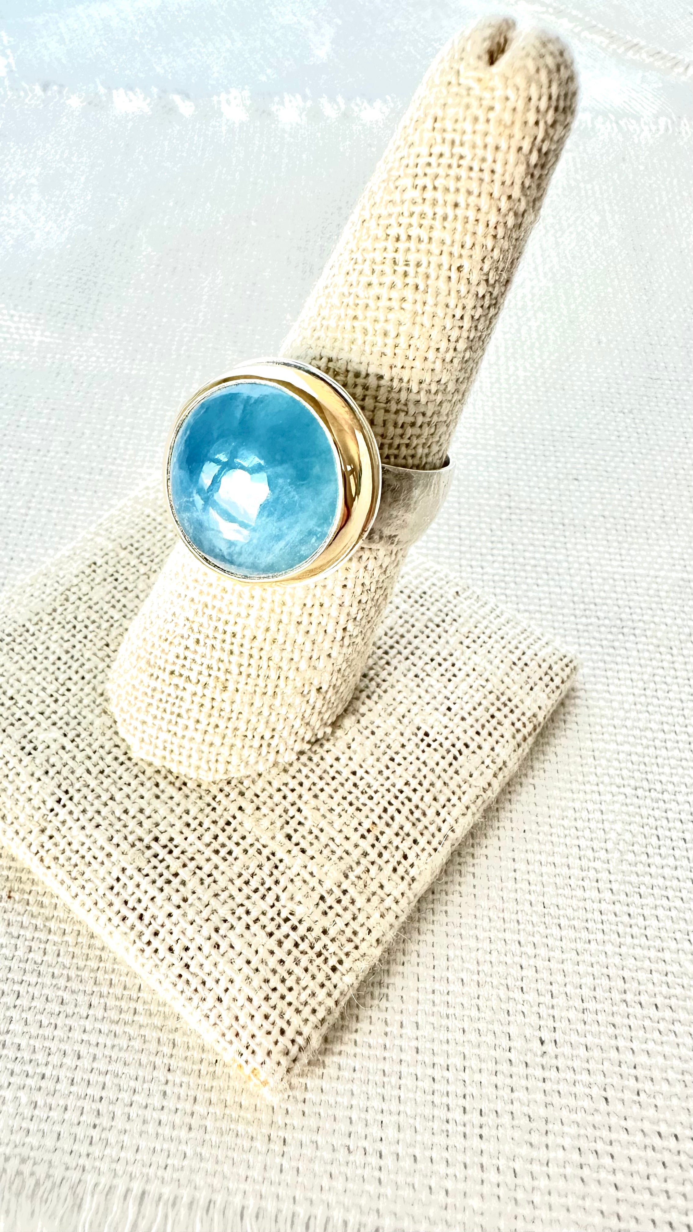 Yellow Gold Cocktail Ring with Round Cabochon Aquamarine