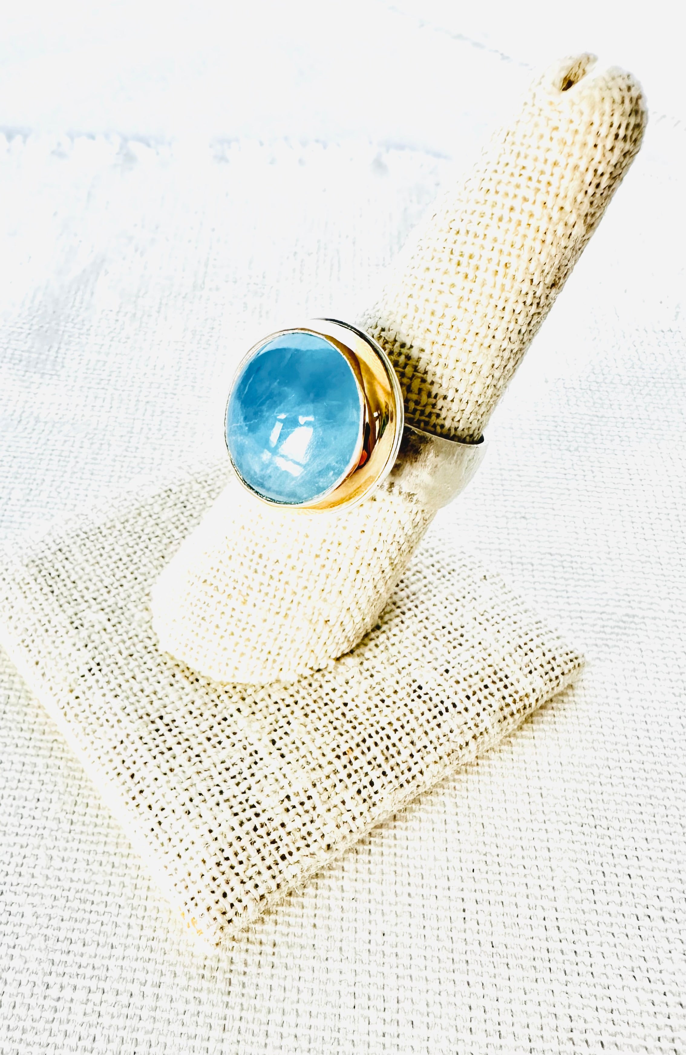 Yellow Gold Cocktail Ring with Round Cabochon Aquamarine