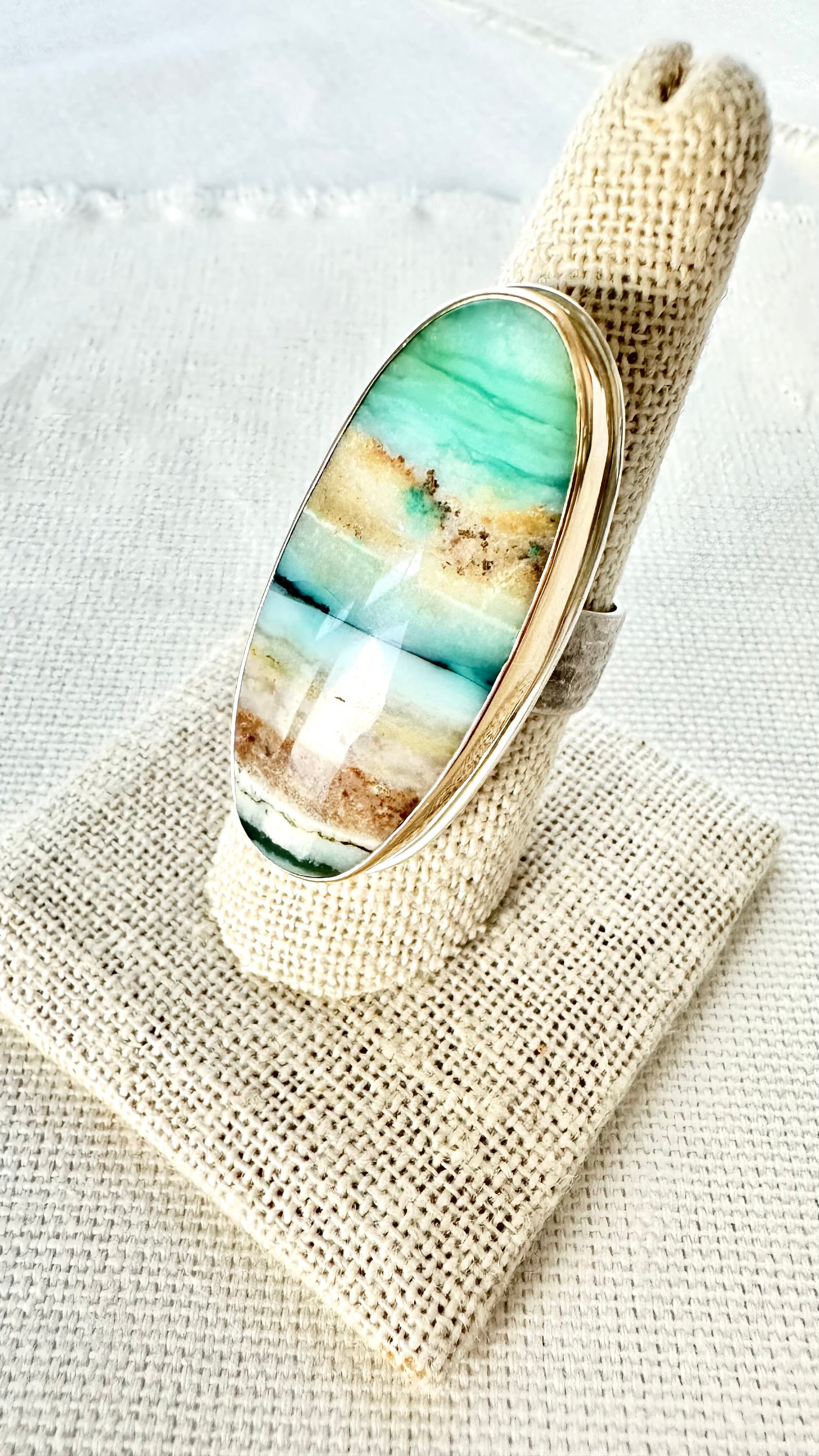 Silver and Yellow Gold Cocktail Ring with Bluish Green Agate