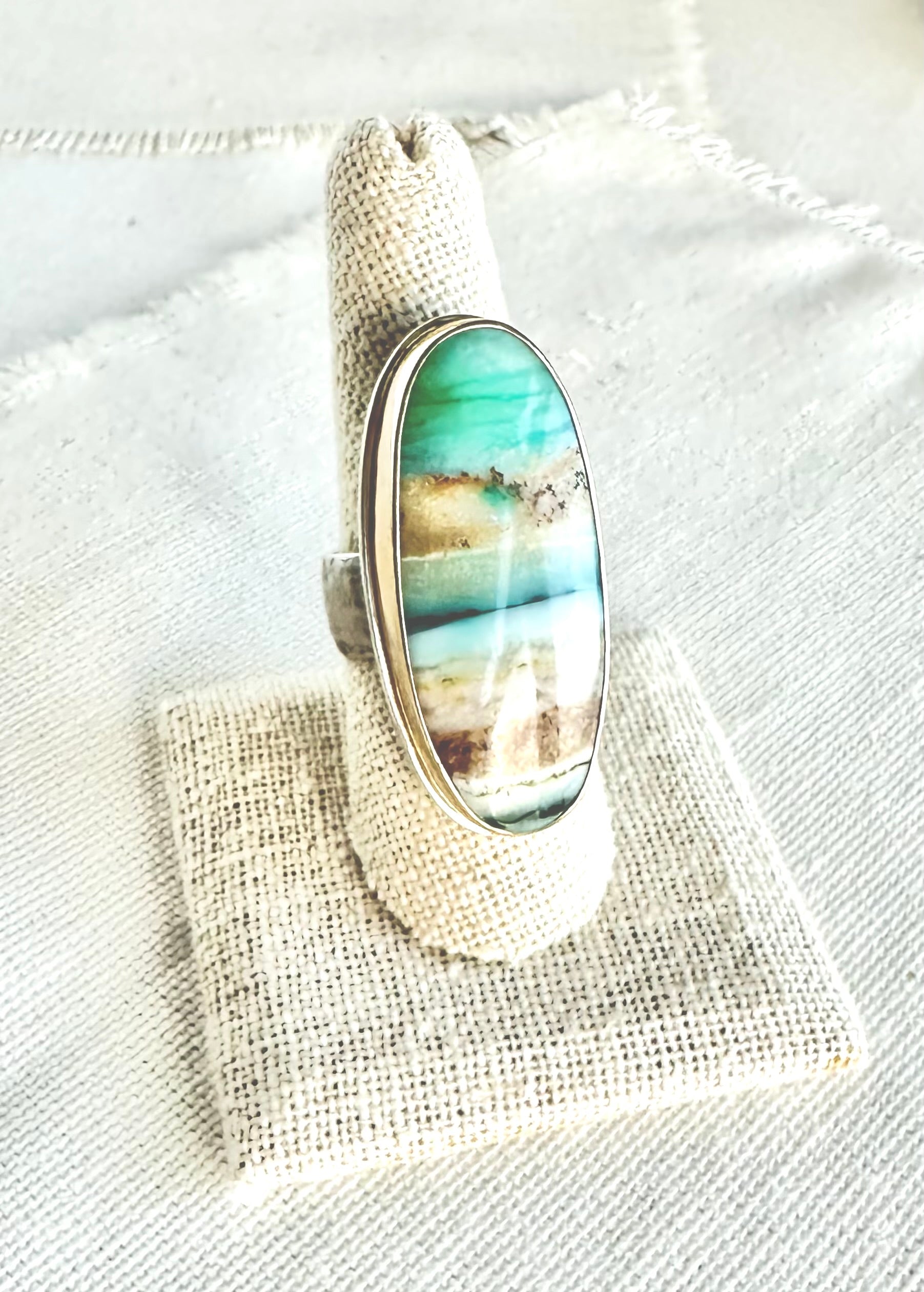 Silver and Yellow Gold Cocktail Ring with Bluish Green Agate