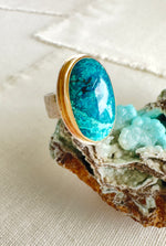Yellow Gold Cocktail Ring with Oval Chrysocolla Cabochon