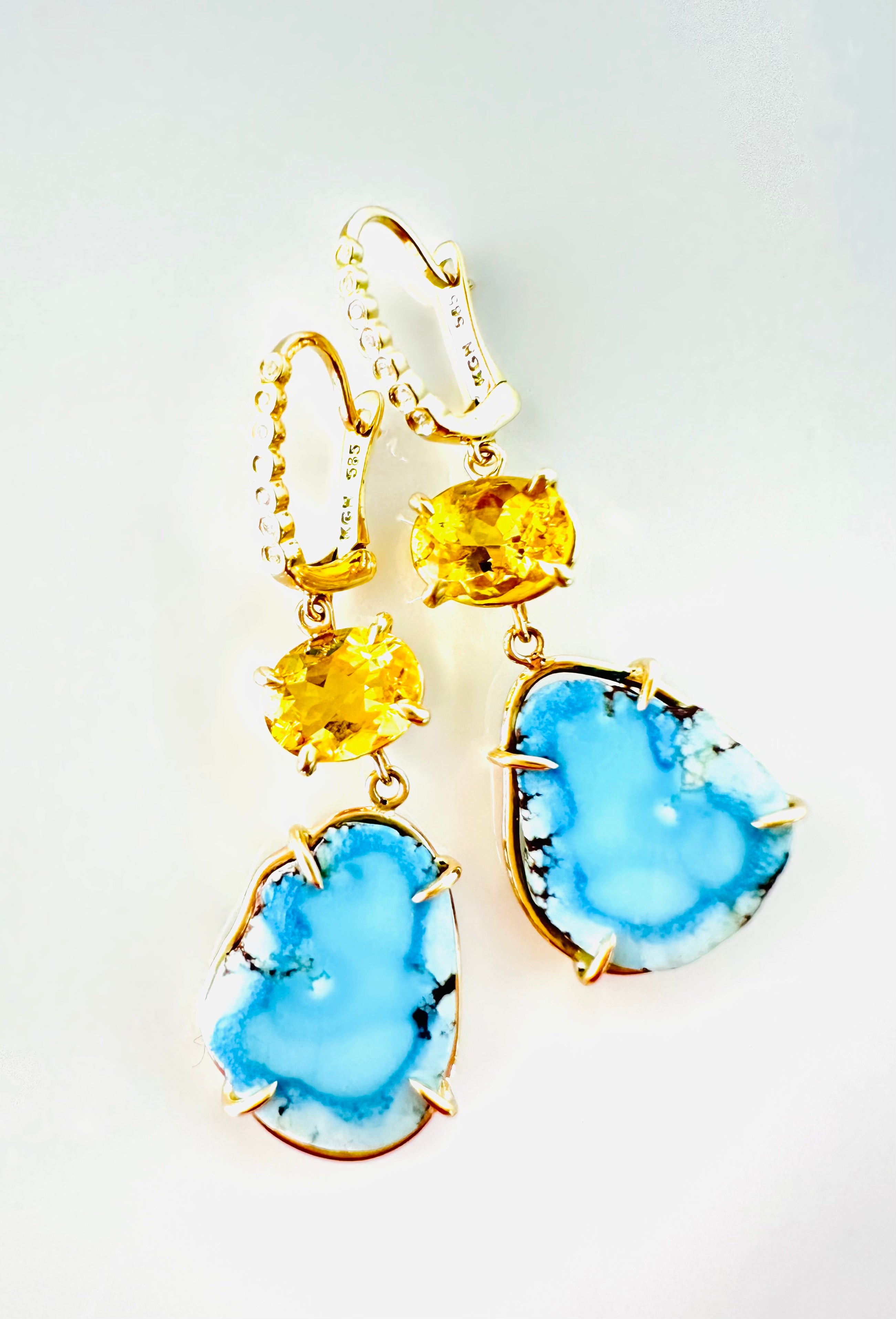 Kazakhstan Turquoise & Golden Beryl Earrings w/ Diamonds set in 14kt Gold