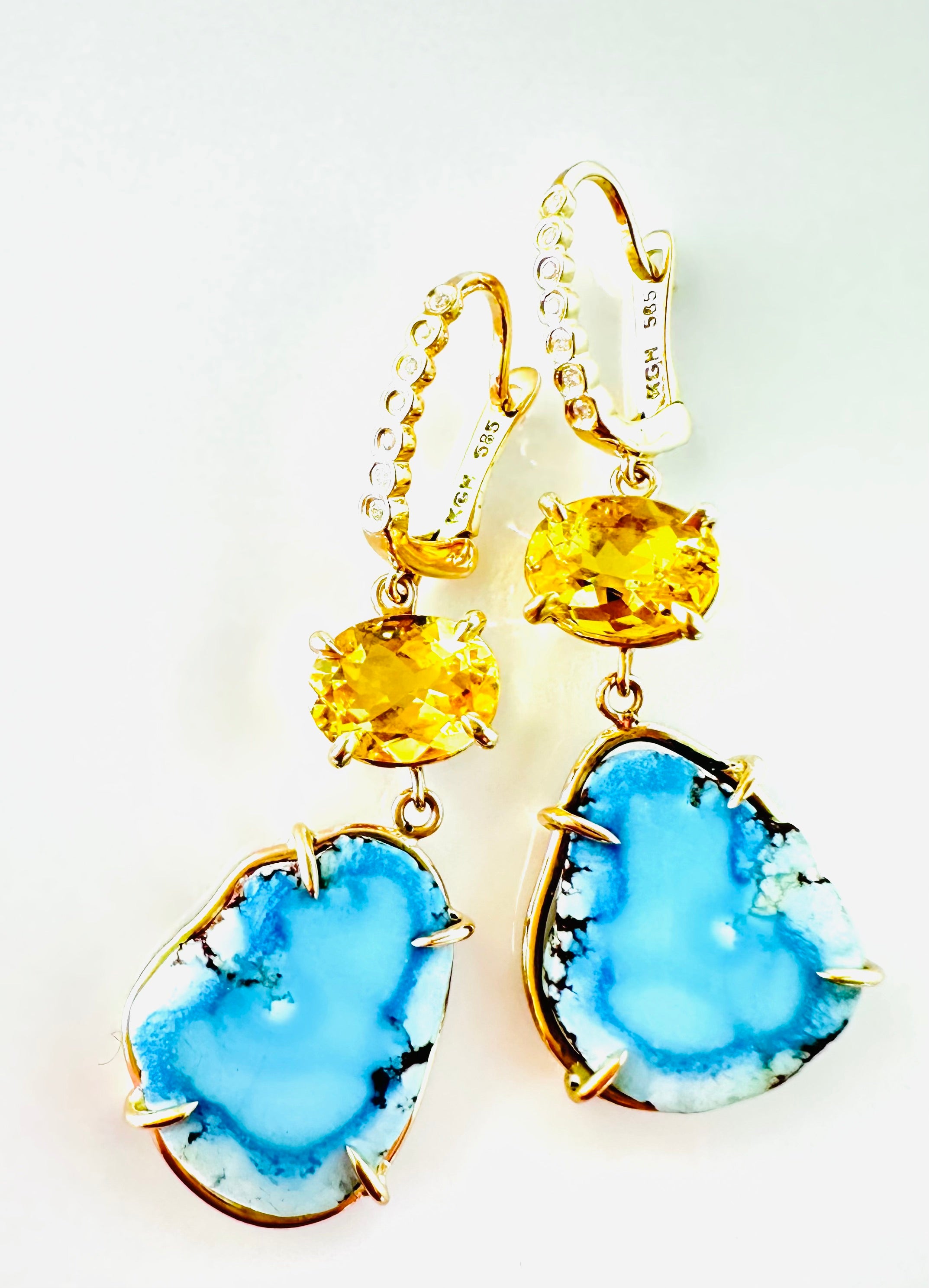 Kazakhstan Turquoise & Golden Beryl Earrings w/ Diamonds set in 14kt Gold