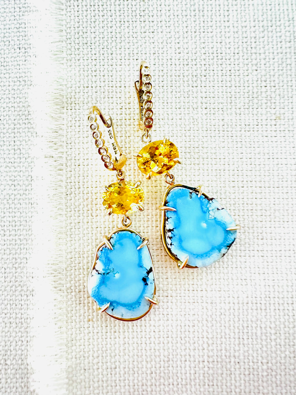 Kazakhstan Turquoise & Golden Beryl Earrings w/ Diamonds set in 14kt Gold