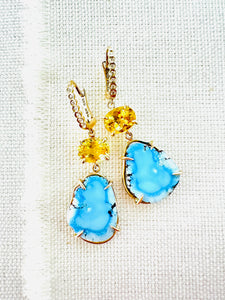 Kazakhstan Turquoise & Golden Beryl Earrings w/ Diamonds set in 14kt Gold