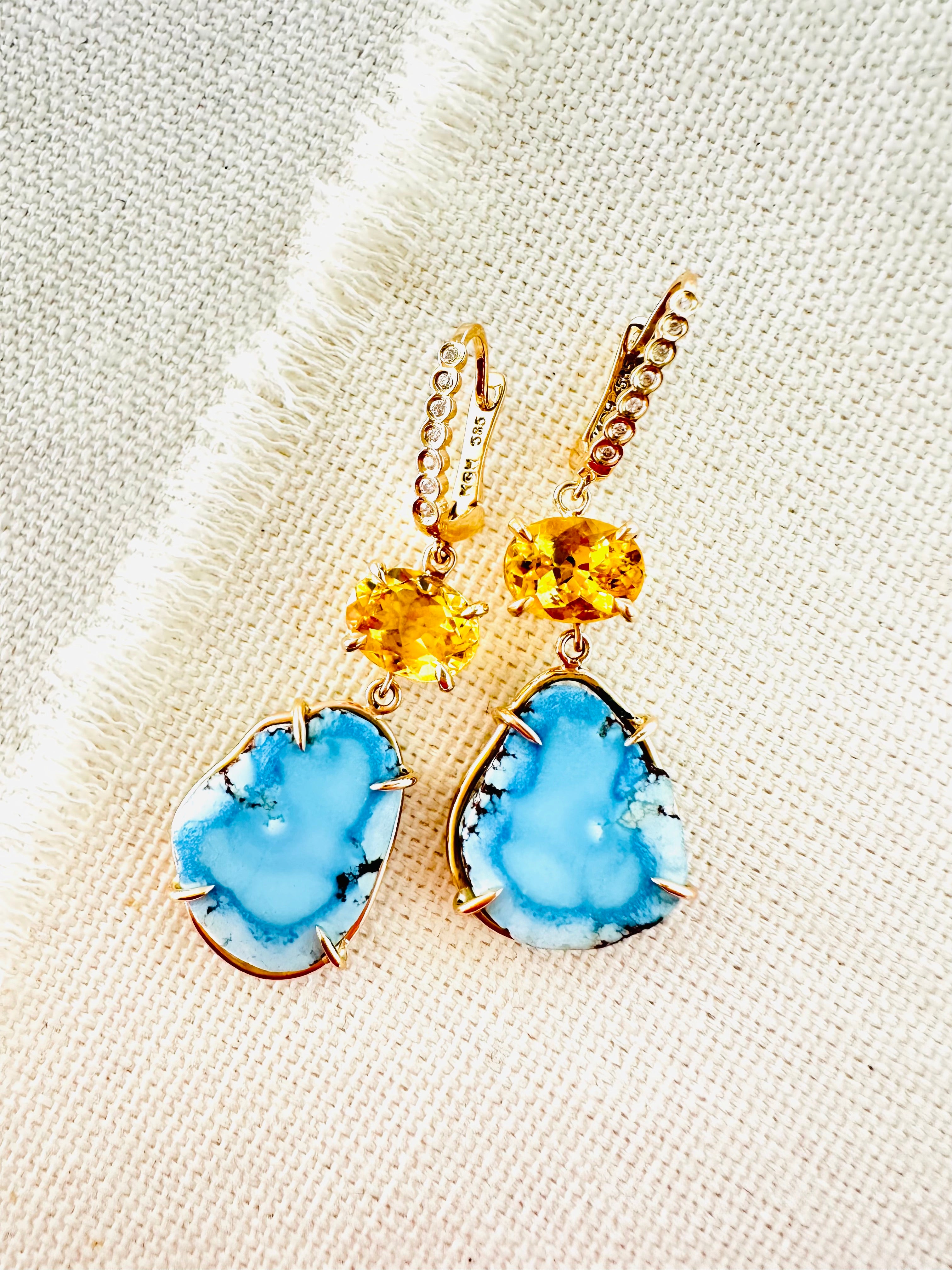 Kazakhstan Turquoise & Golden Beryl Earrings w/ Diamonds set in 14kt Gold