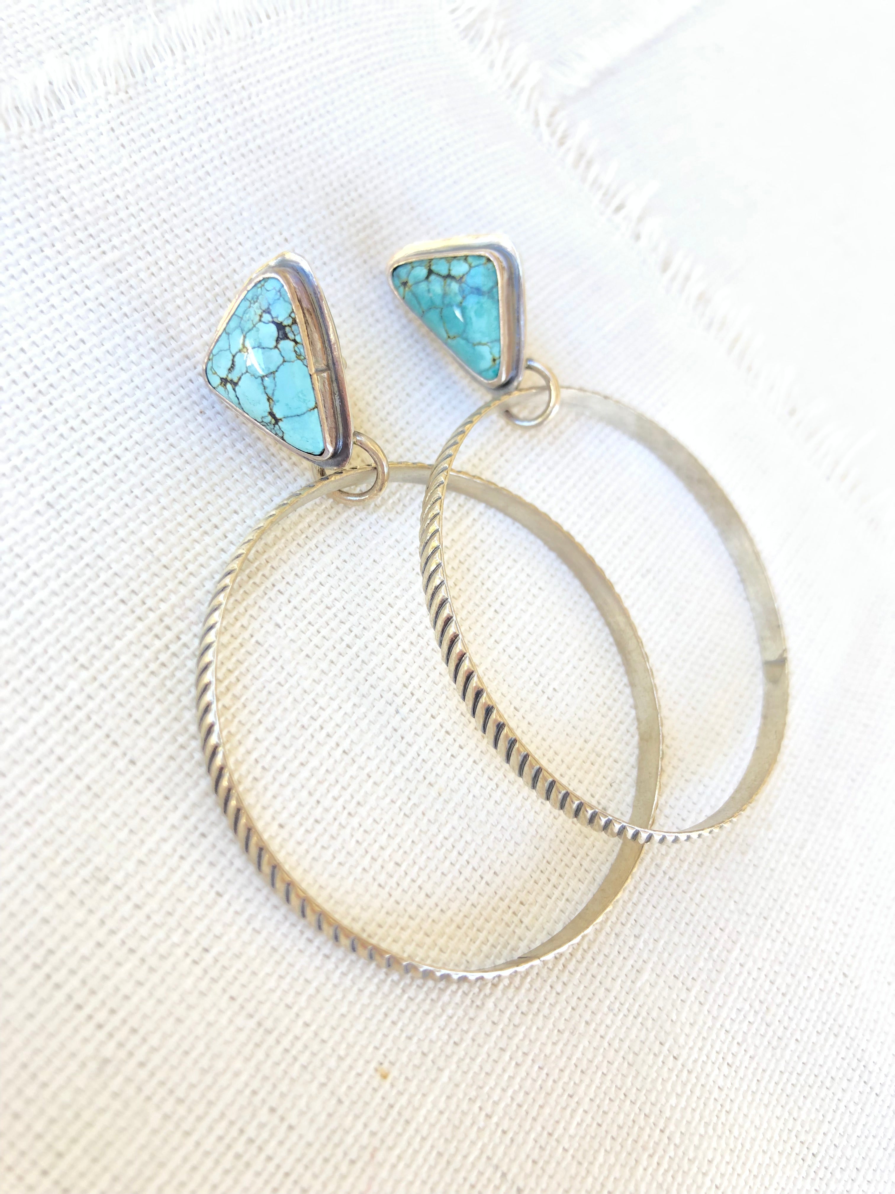 Turquoise Hoop Earrings with Patterned Wire