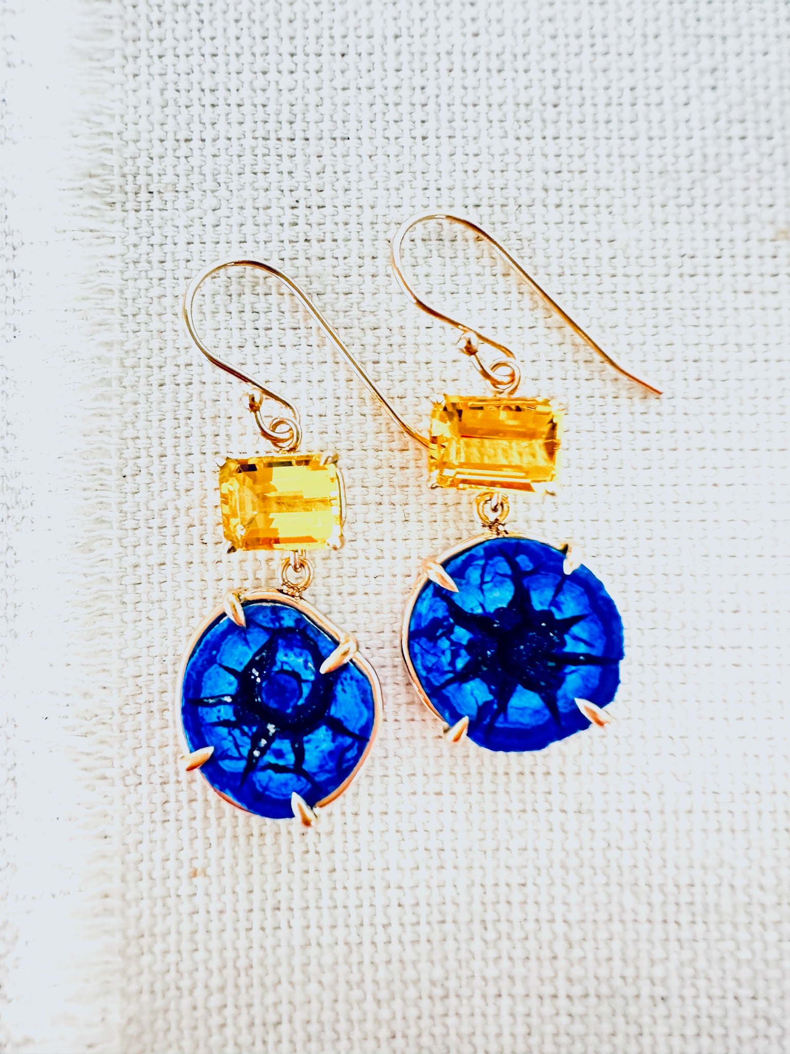 Stunning Blue Azurite Geode and Golden Beryl Earrings in 14kt Gold
