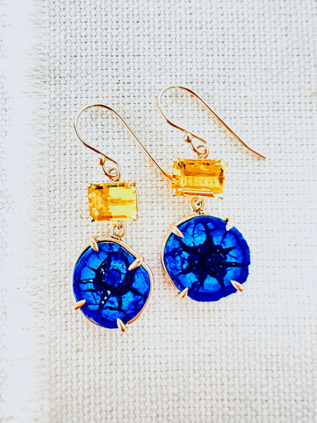 Stunning Blue Azurite Geode and Golden Beryl Earrings in 14kt Gold