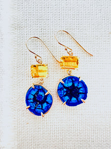 Stunning Blue Azurite Geode and Golden Beryl Earrings in 14kt Gold